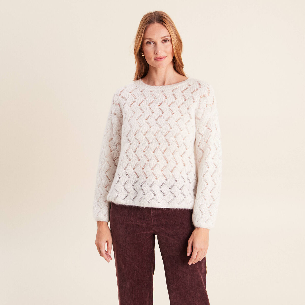 Pull manches longues ajour&eacute; ecru femme