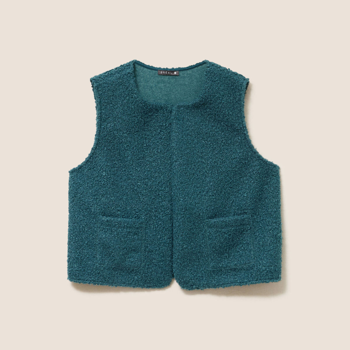 Gilet sans manches bouclette poches vert fonc&eacute; femme