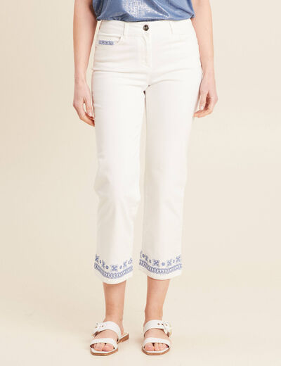 Jean droit brodé blanc femme