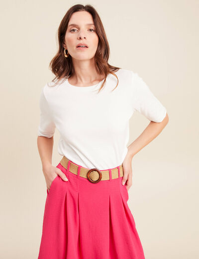 T-shirt ajust&eacute; col rond manches coudes ecru femme
