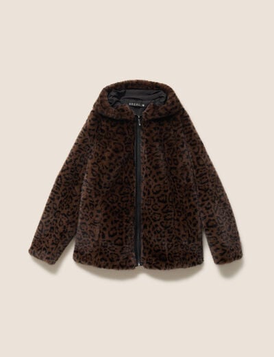 Manteau en fausse fourrure &agrave; capuche marron femme