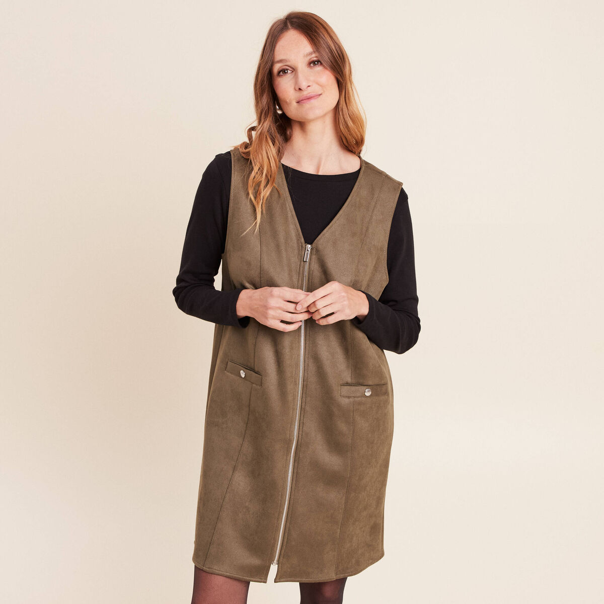 Robe chasuble su&eacute;dine vert kaki femme