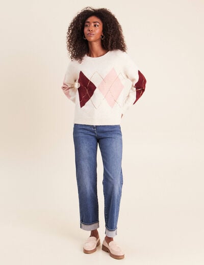 Pull col rond avec strass beige femme