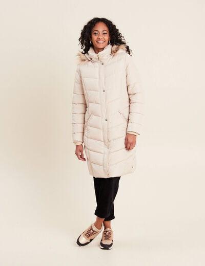 Doudoune déperlante longue à capuche beige femme