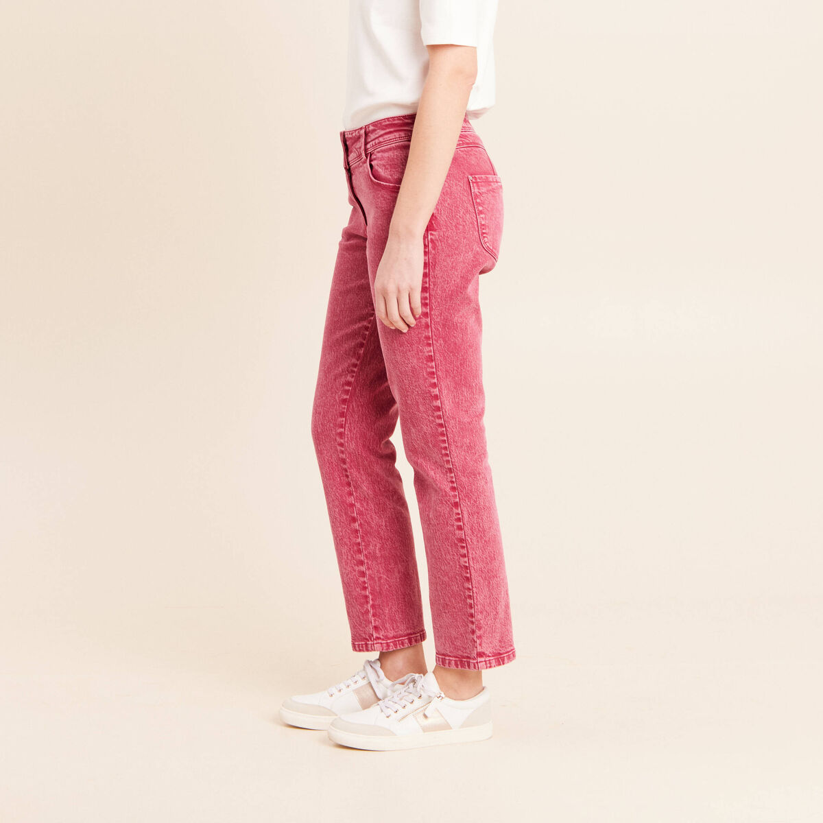 Jean coupe droite taille bascul&eacute;e rose fushia femme