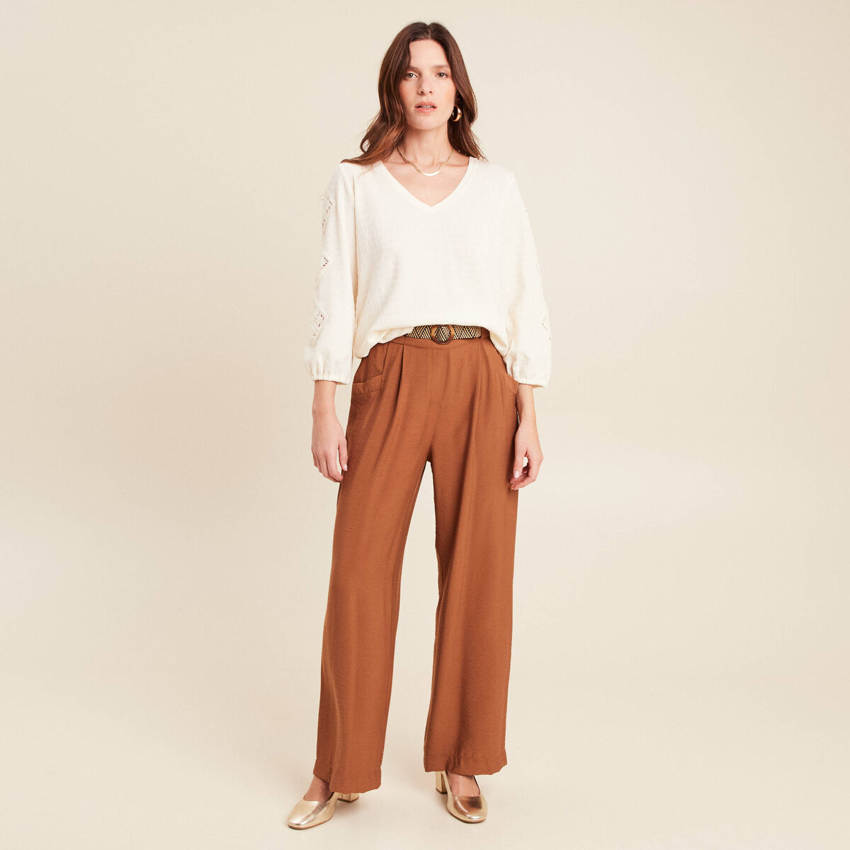 blouse macramé col V manches 3/4 ecru femme