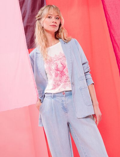 Veste longue cintr&eacute;e en jean doubl&eacute;e denim bleach femme