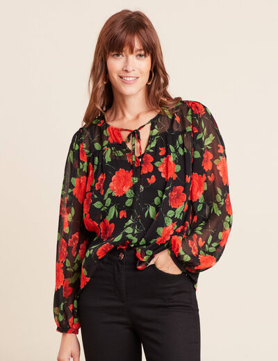 Blouse ample en voile col rond rouge femme