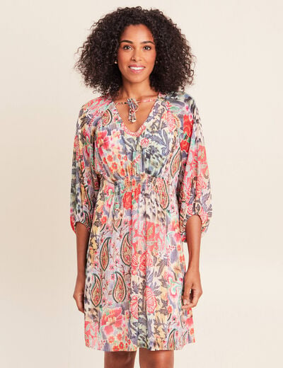 Robe courte &eacute;vas&eacute;e col v manches 3/4 multicolore femme