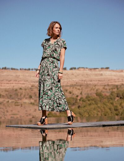 Jupe longue évasée vert femme
