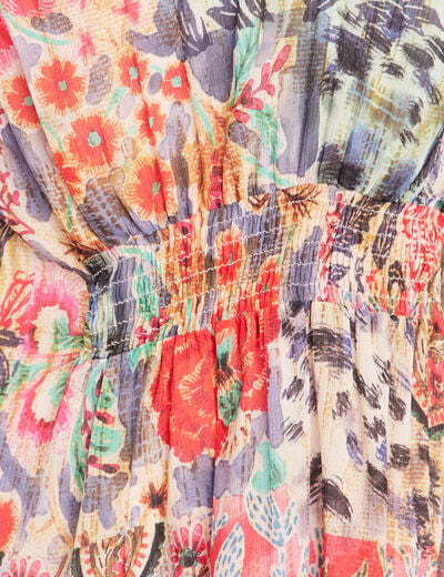 Robe courte &eacute;vas&eacute;e col v manches 3/4 multicolore femme