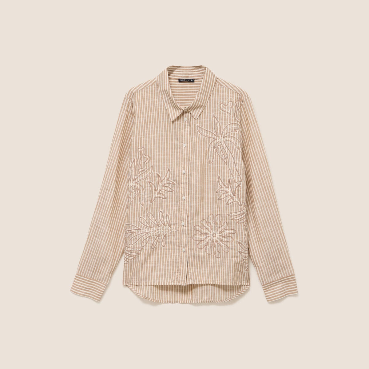 Chemise en coton brod&eacute;e manches longues marron femme