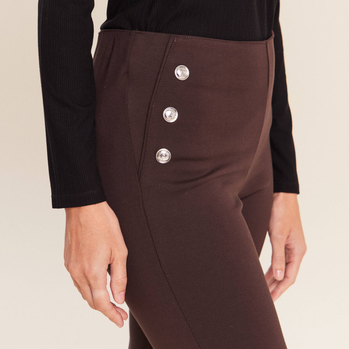 Legging 7/8&egrave;me taille bascul&eacute;e en maille marron fonc&eacute; femme