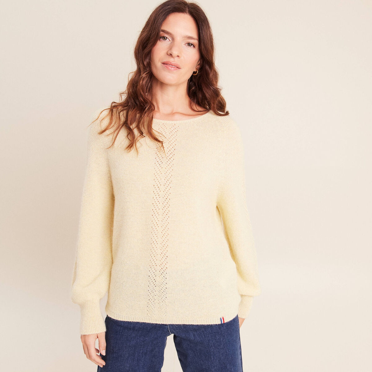 Pull droit col rond manches longues jaune pastel femme