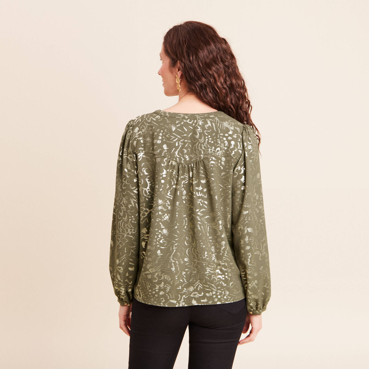 Blouse ample col v manches longues vert kaki femme