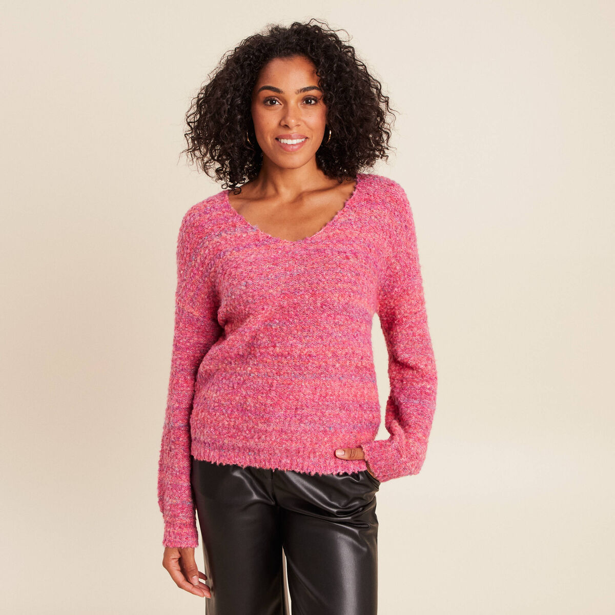 Pull col v manches longues rose fushia femme