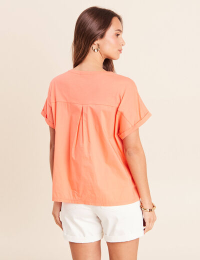 T-shirt col rond manches courtes sequins orange fluo femme