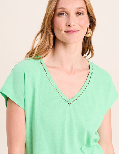 T-shirt col v manches courtes aspect lin vert fluo femme