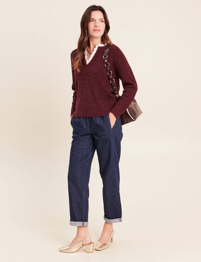 Pull bi-mati&egrave;re col tunisien bordeaux femme