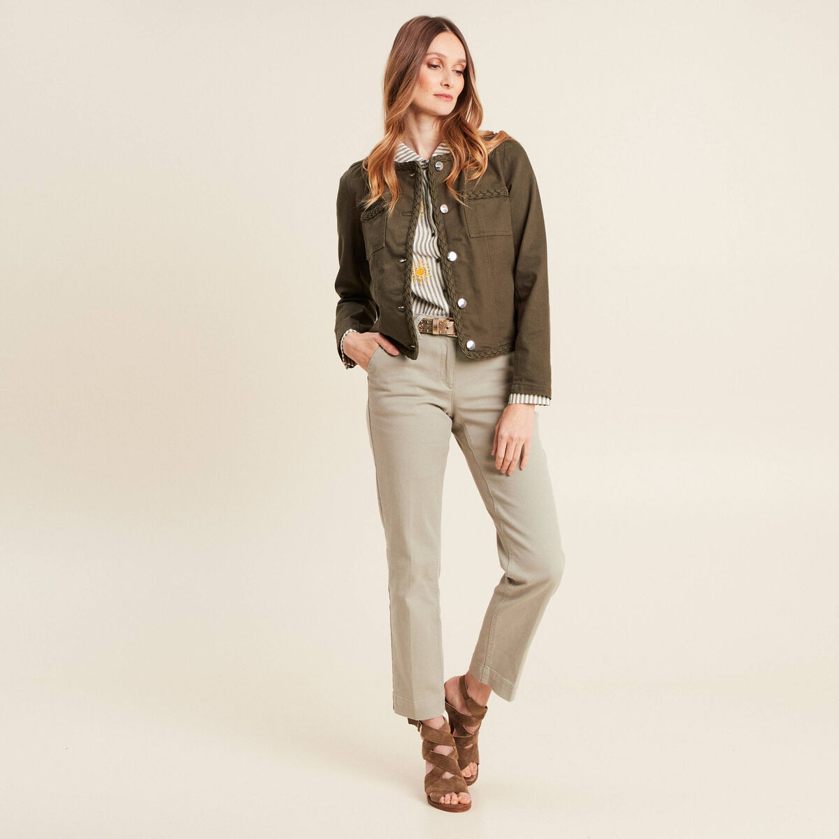 Veste en jean détails tressés vert olive femme
