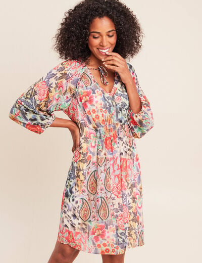 Robe courte &eacute;vas&eacute;e col v manches 3/4 multicolore femme