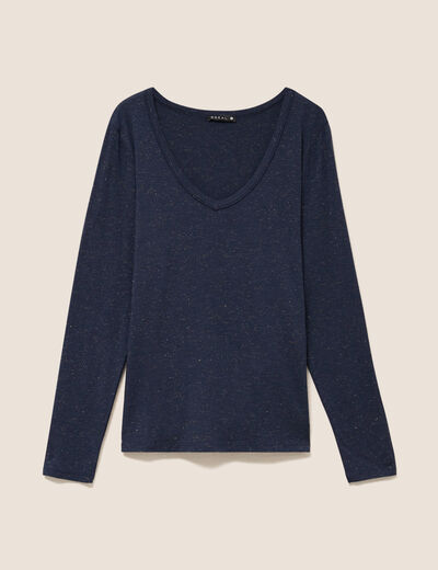 T-shirt ajust&eacute; col v manches longues bleu marine femme