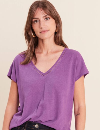T-shirt col v manches courtes aspect lin violet femme