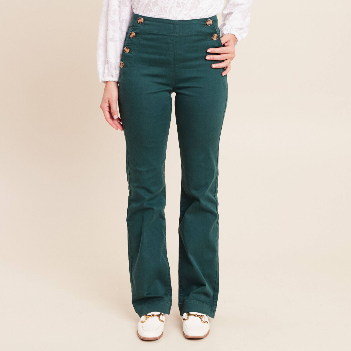 Pantalon coupe bootcut taille haute vert fonc&eacute; femme