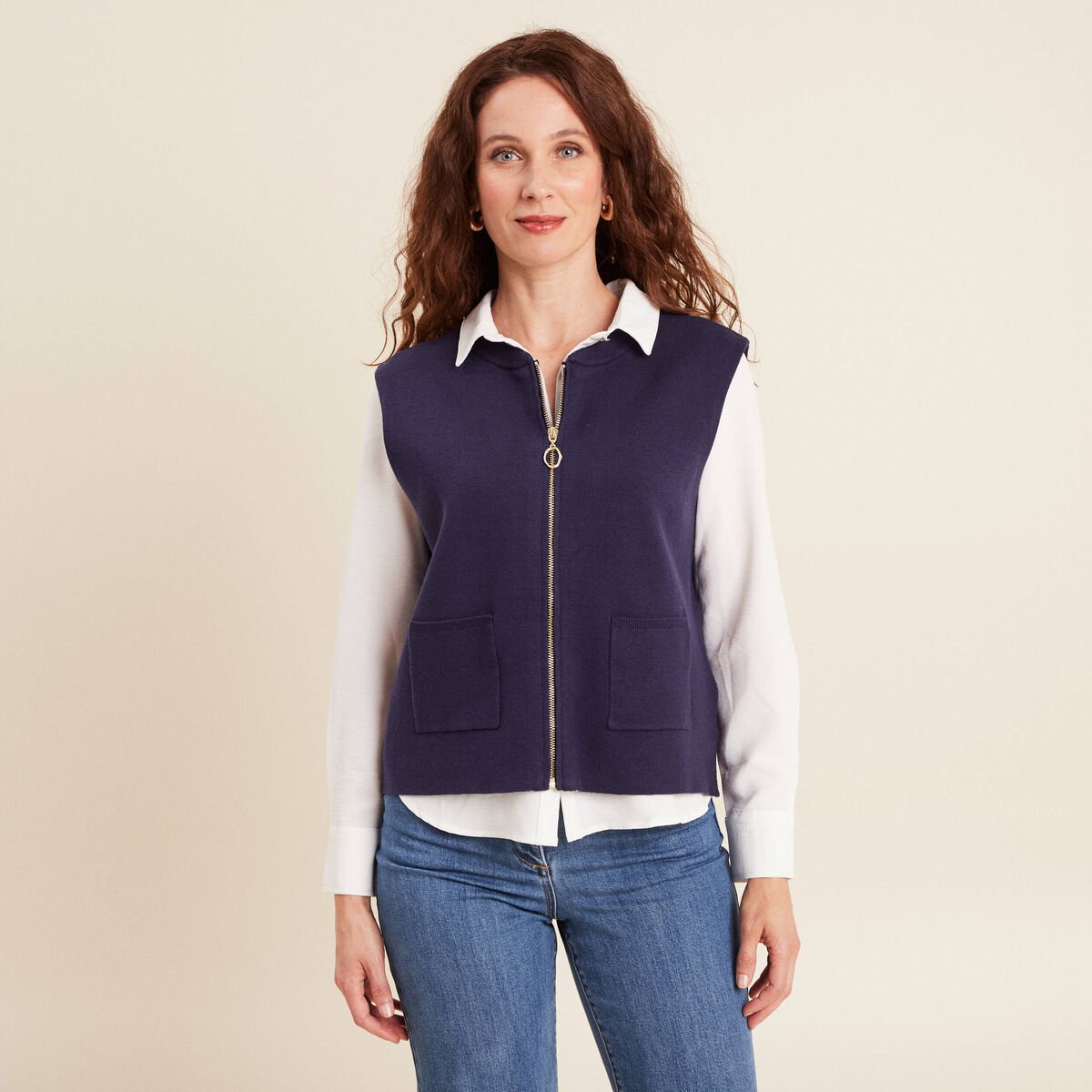 Gilet droit court sans manches bleu marine femme