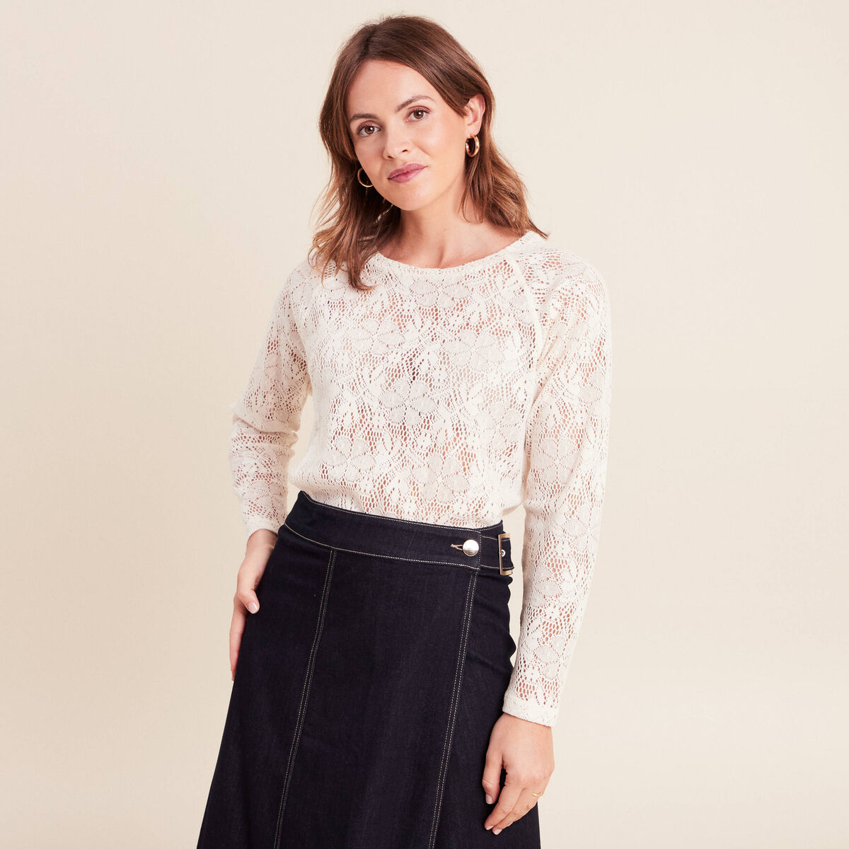 T-shirt manches longues aspect dentelle ecru femme