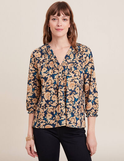 Blouse manches 3/4 col smocké bleu foncé femme