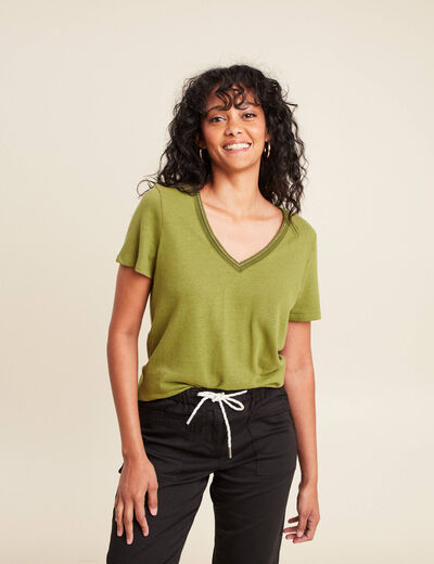 T-shirt manches courtes col en V vert femme