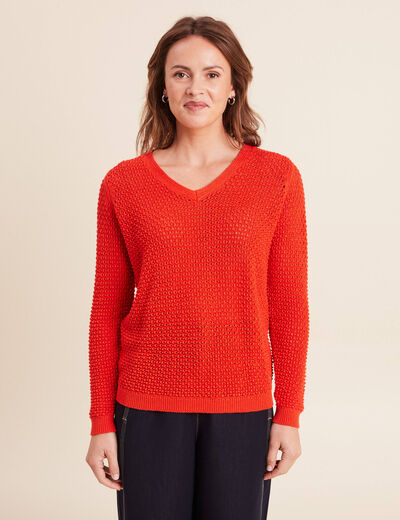Pull manches longues col en V orange fonc&eacute; femme