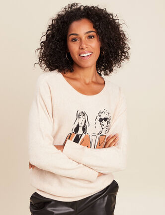 Pull col rond manches longues creme femme