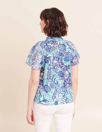 T-shirt col tunisien manches courtes bleu femme