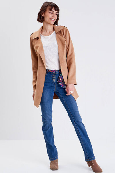 Trench droit effet suédine marron femme