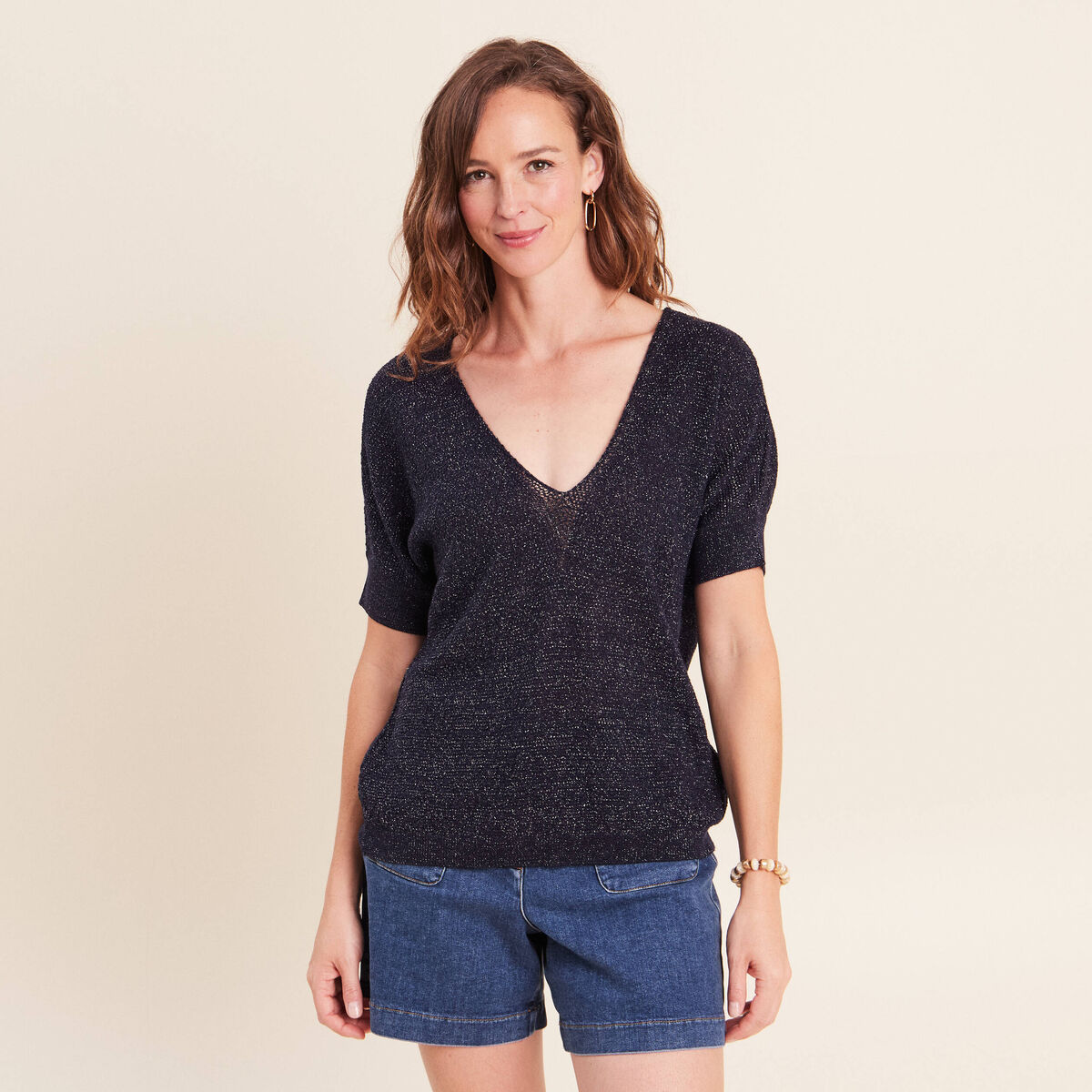 Pull col v bleu marine femme