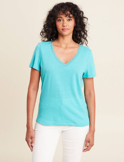 T-shirt manches courtes col en V bleu turquoise femme