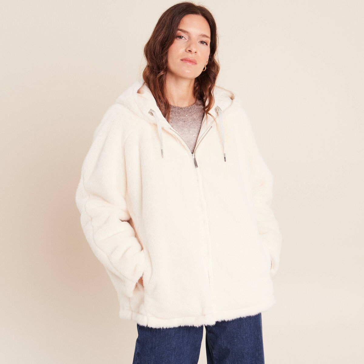 Parka r&eacute;versible courte &agrave; capuche ivoire femme