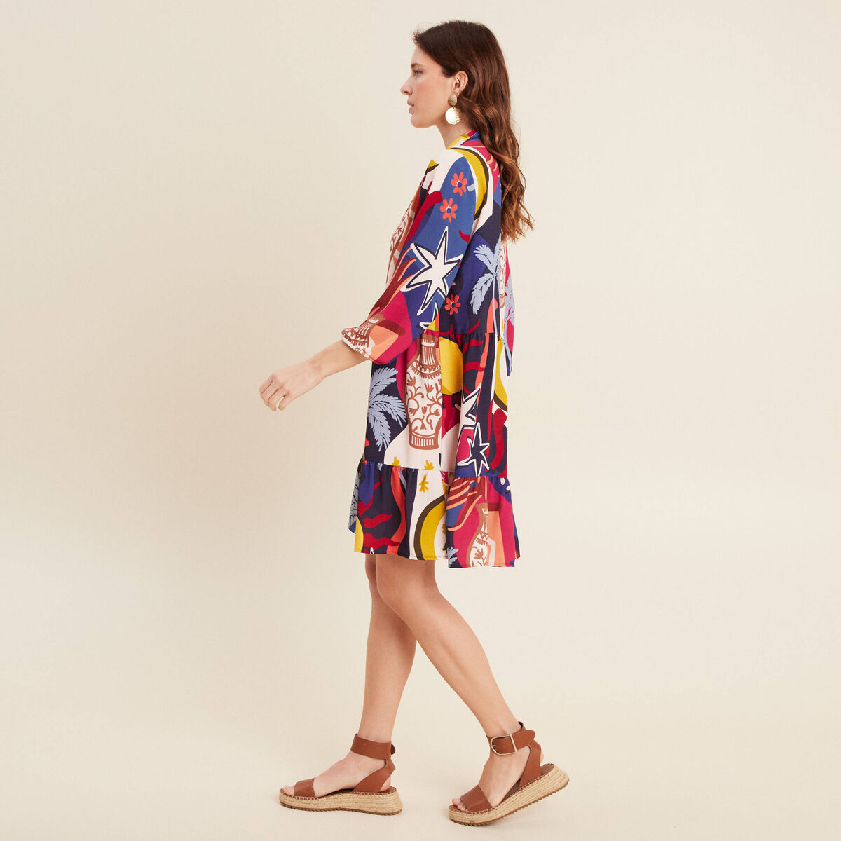 Robe courte &eacute;vas&eacute;e manches 3/4 bleu femme