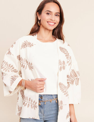 Kimono brod&eacute; manches 3/4 ecru femme