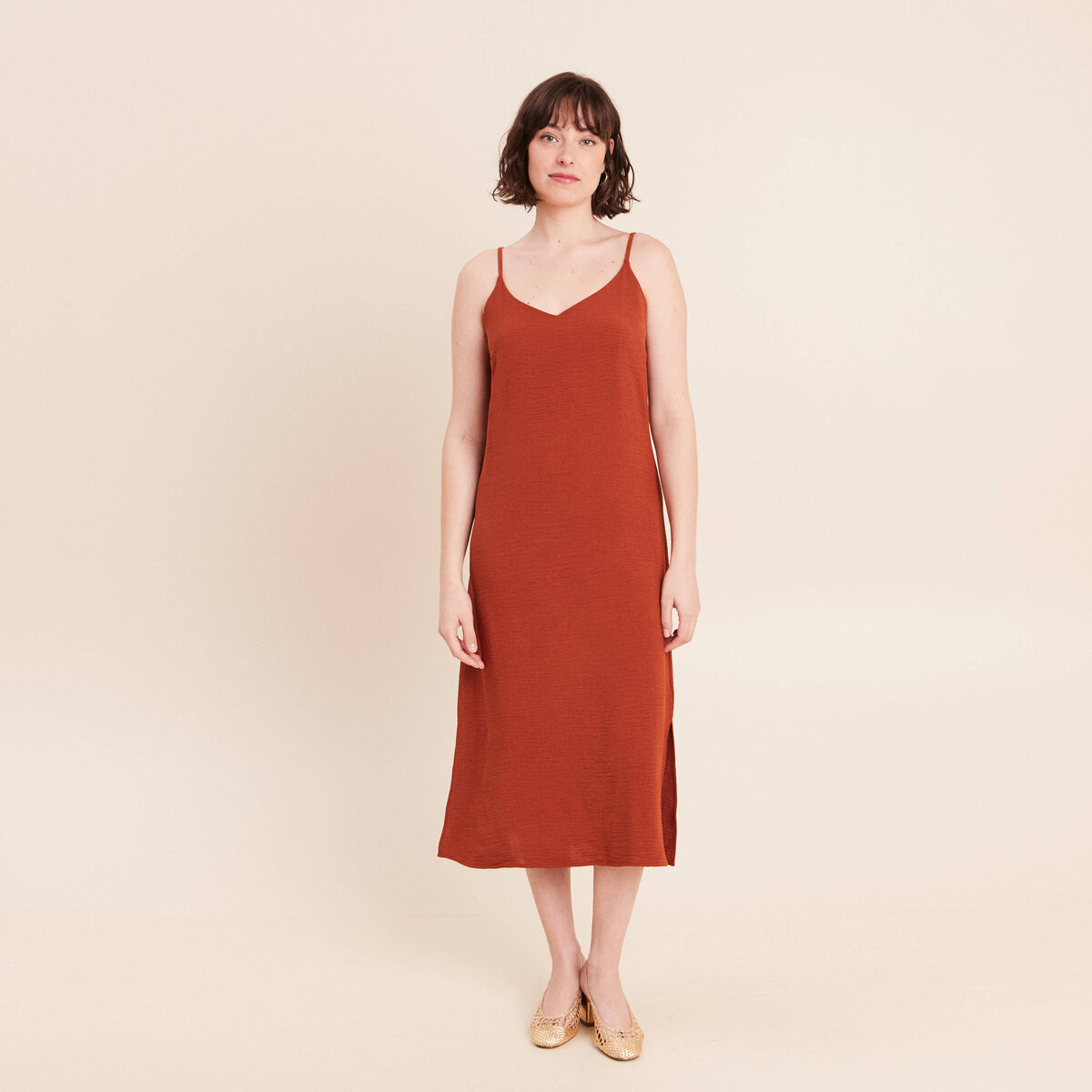 Robe 2 en 1 col rond marron fonc&eacute; femme