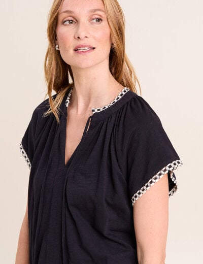 T-shirt col tunisien noir femme