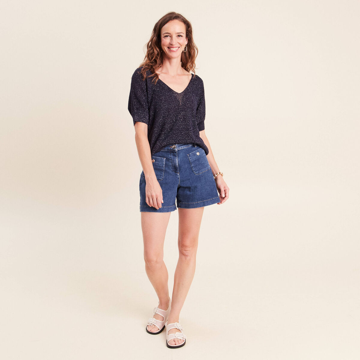 Pull col v bleu marine femme