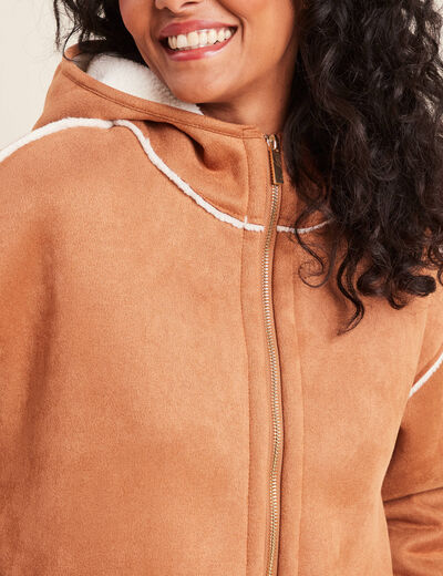 Manteau su&eacute;dine &agrave; capuche marron femme
