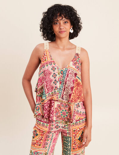 Top &agrave; bretelles volant&eacute; rose femme