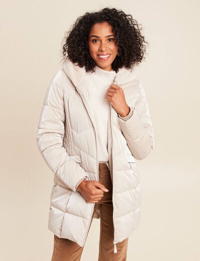 Doudoune mi-longue &agrave; capuche beige femme