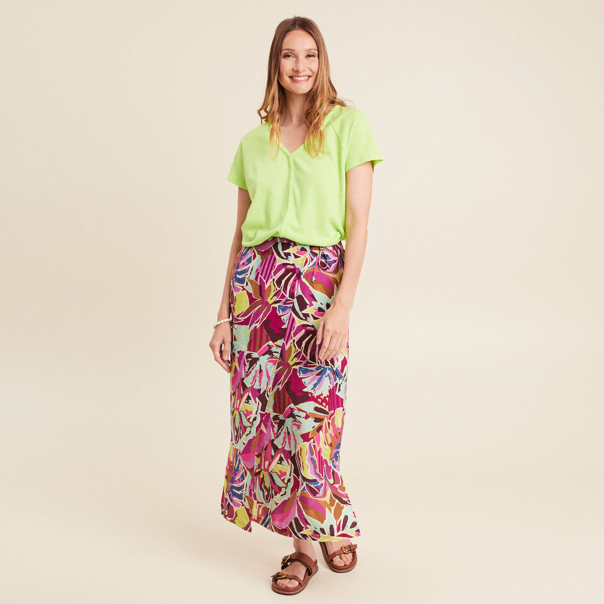T-shirt tresse manches courtes vert anis femme