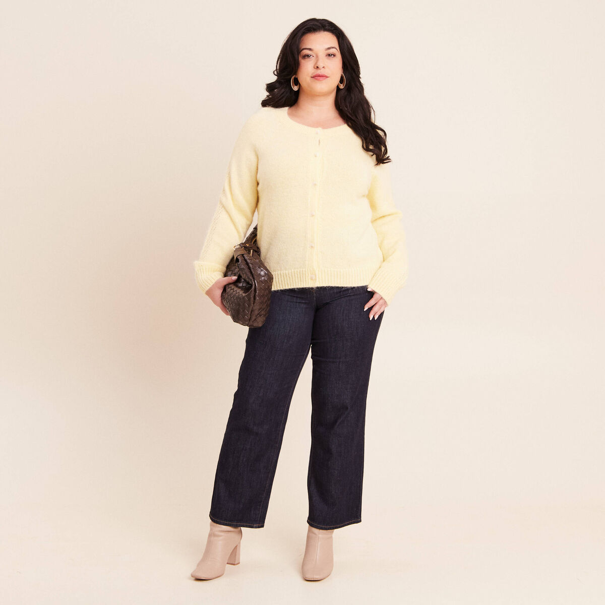 Gilet manches longues col rond jaune pastel femme