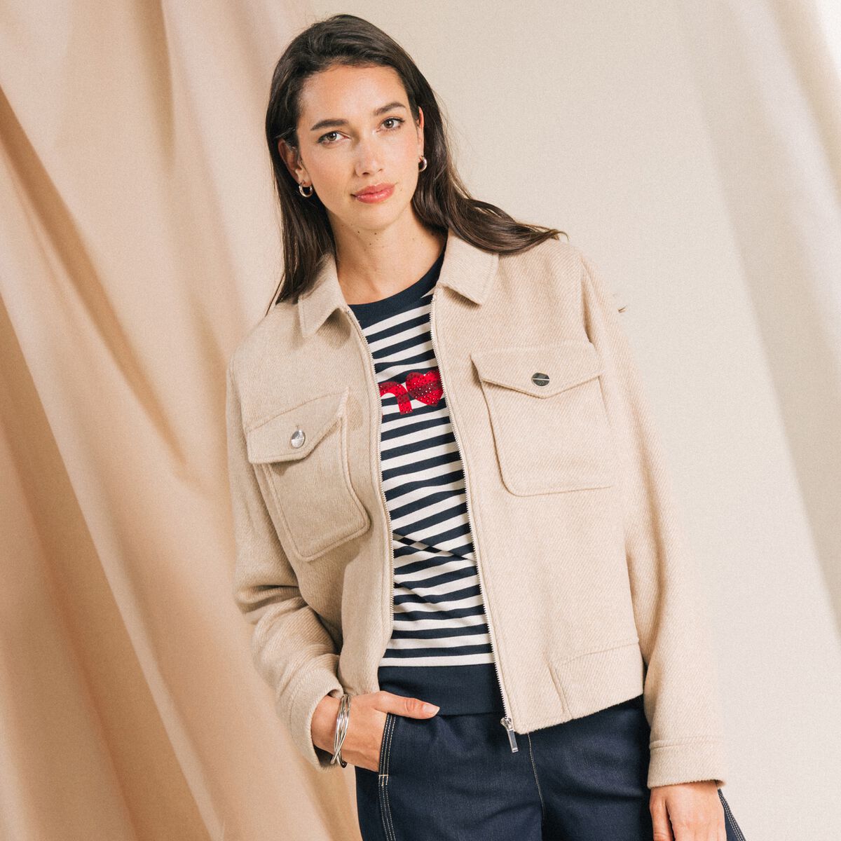 Veste manches longues doubl&eacute;e creme femme